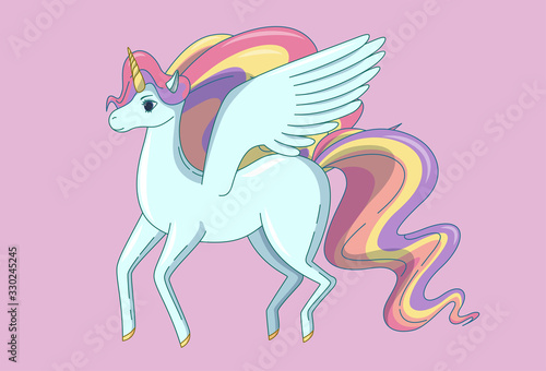 Winged unicorn with waving mane and tail. Vector illustration in cartoon style