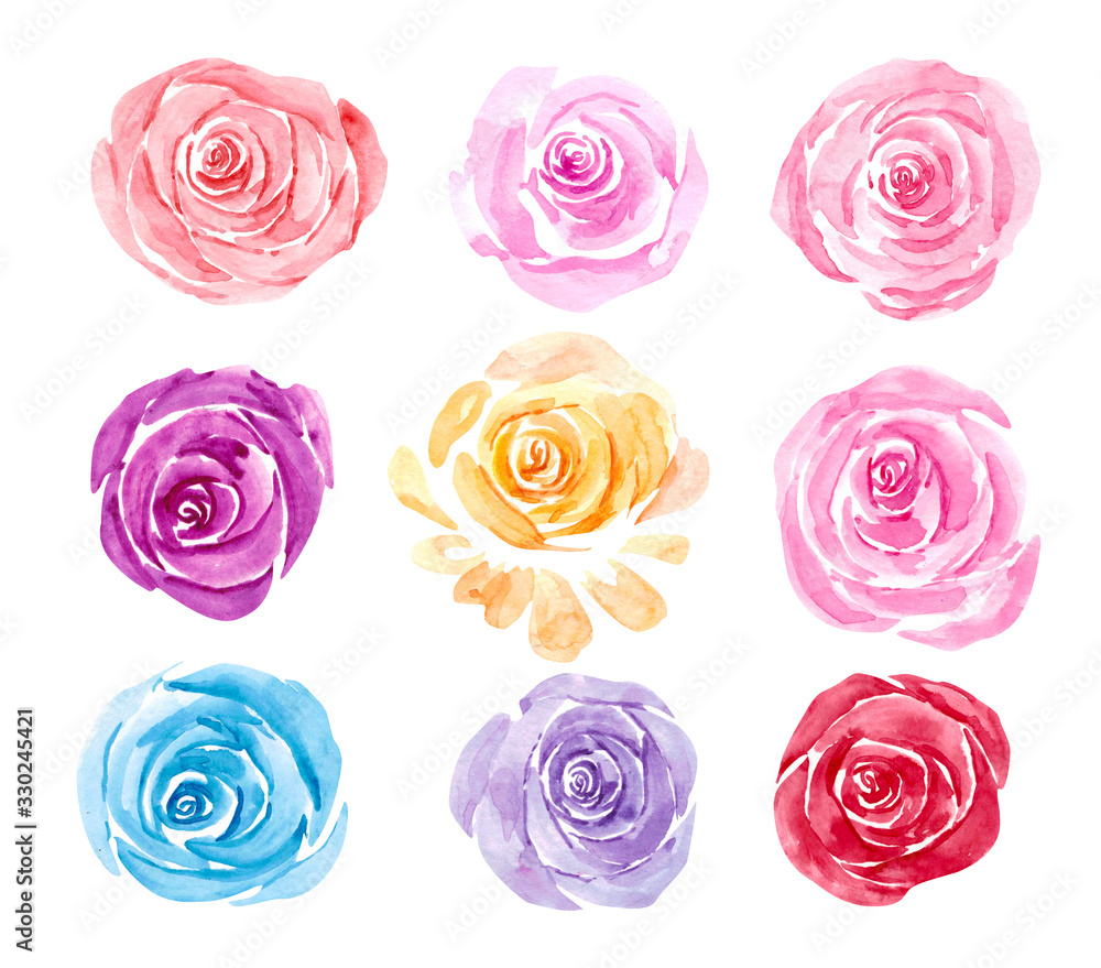 Set of sketch style watercolor blue,pink and red rose flowers, blooms, blossoms isolated on white background. Simple pink and red watercolor rose flowers, collection of decoration element Set of sketch style watercolor blue,pink and red rose flowers, blooms, blossoms isolated on white background. Simple pink and red watercolor rose flowers, collection of decoration element