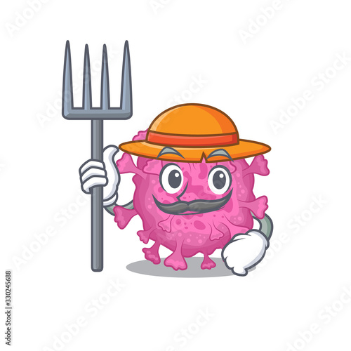 Corona virus organic in Farmer cartoon character with hat and pitchfork