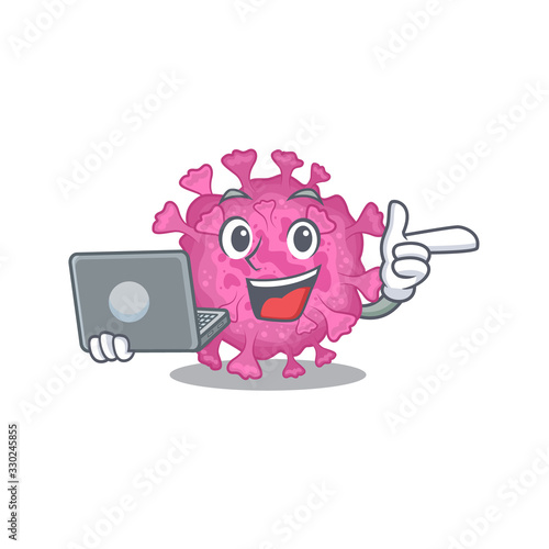 An icon of smart corona virus organic working with laptop
