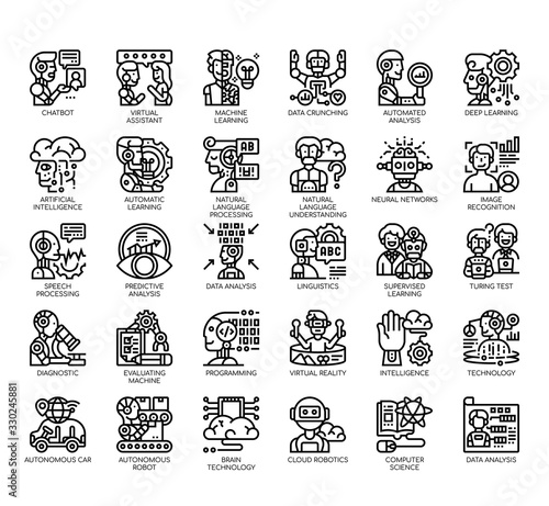 Set of artificial intelligence thin line and pixel perfect icons for any web and app project.