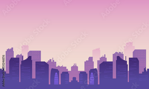 Silhouette of a city with a purple sky gradient.