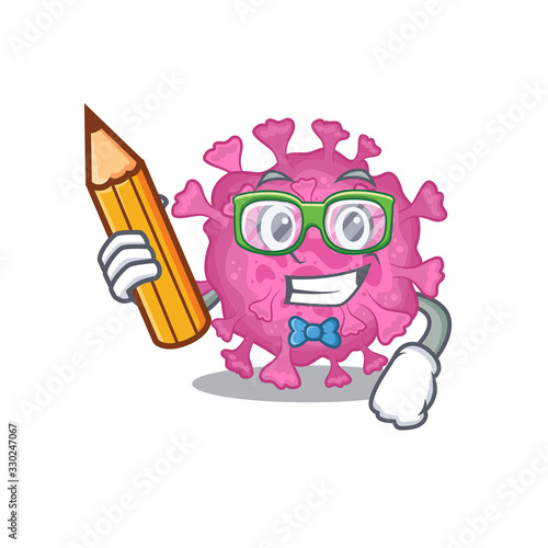 A smart student corona virus organic character with a pencil and glasses