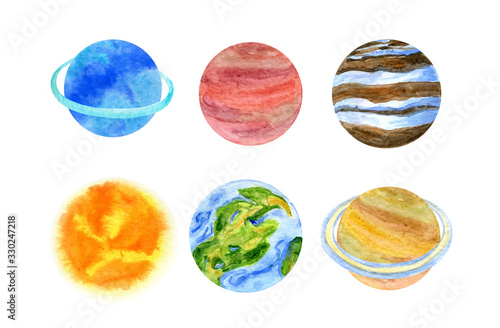 Fototapeta Naklejka Na Ścianę i Meble -  Space set. Planets on a white background. Children's watercolor illustration. Heavenly bodies.