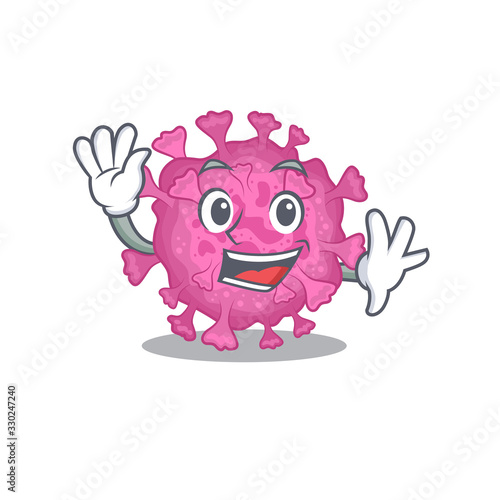 Smiley corona virus organic cartoon mascot design with waving hand