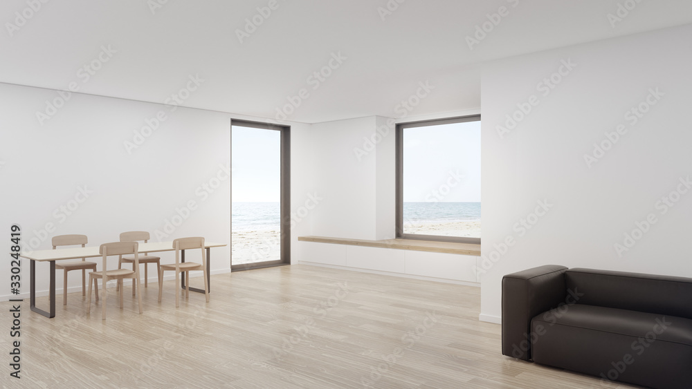 Table on wooden floor of large dining room near living area and sofa in modern beach house or luxury hotel. Minimal home interior 3d rendering with sea view.