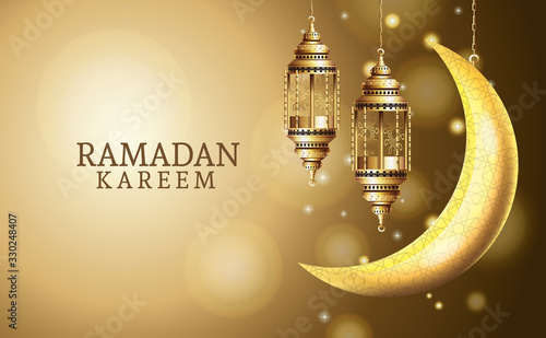 ramadan kareem celebration with lanterns hanging and moon photo