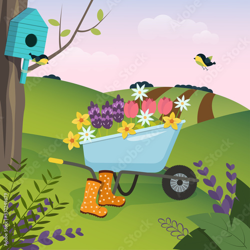 Illustration of a Spring landscape. Garden wheelbarrow with spring flowers, hanging birdhouse, birds have arrived. Stock vector graphics.