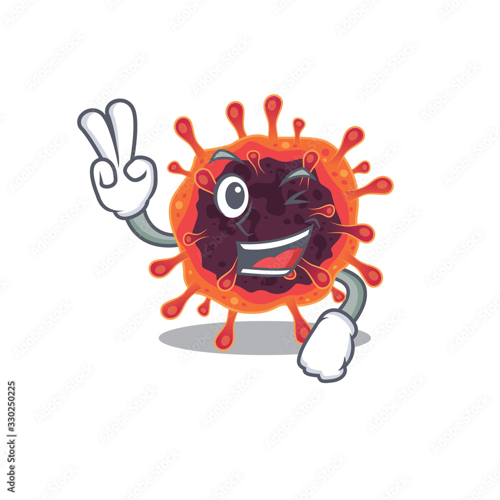 Cheerful corona virus zone mascot design with two fingers