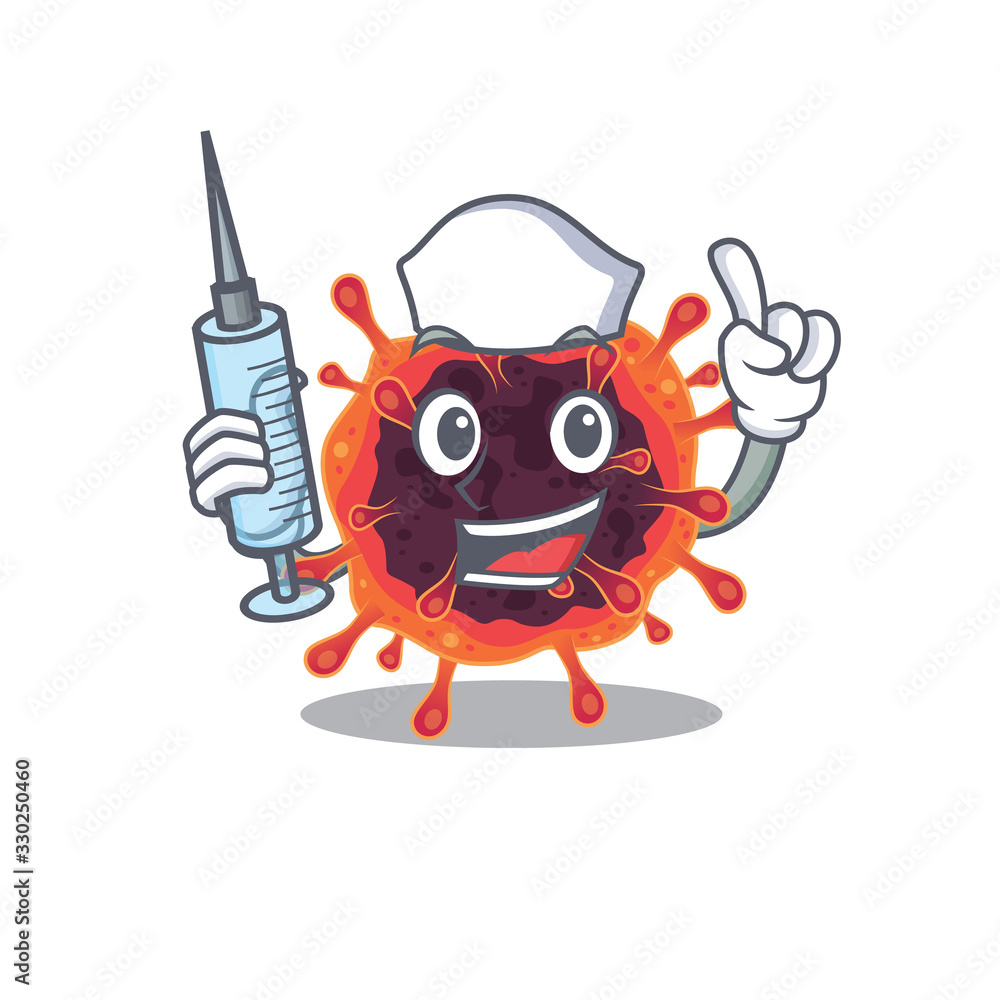 Friendly nurse of corona virus zone mascot design holding syringe