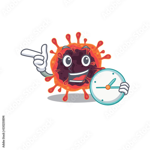 Cheerful corona virus zone cartoon character style with clock