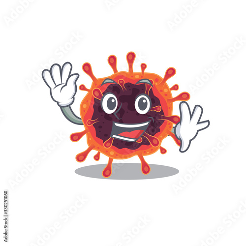 Smiley corona virus zone cartoon mascot design with waving hand