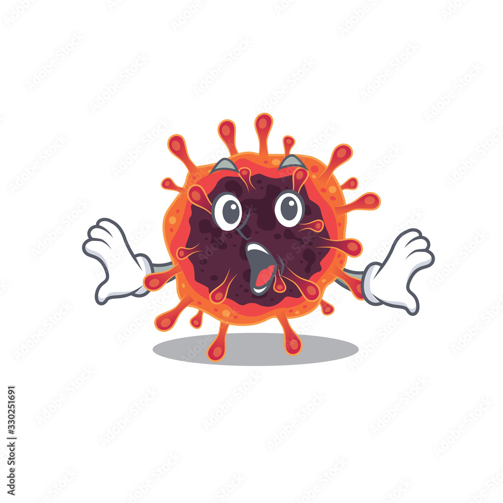 A cartoon character of corona virus zone making a surprised gesture