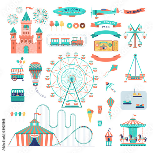 Amusement park vector flat elements set. Family attractions isolated on white background.