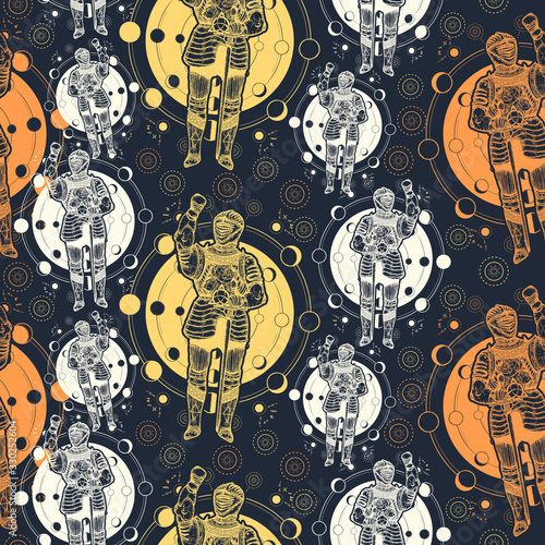 Medieval knight. Seamless pattern. Packing old paper, scrapbooking style. Vintage manuscript, engraving art. Esoteric symbol ancient war, lunar phases. Alchemical motives, sacral geometry