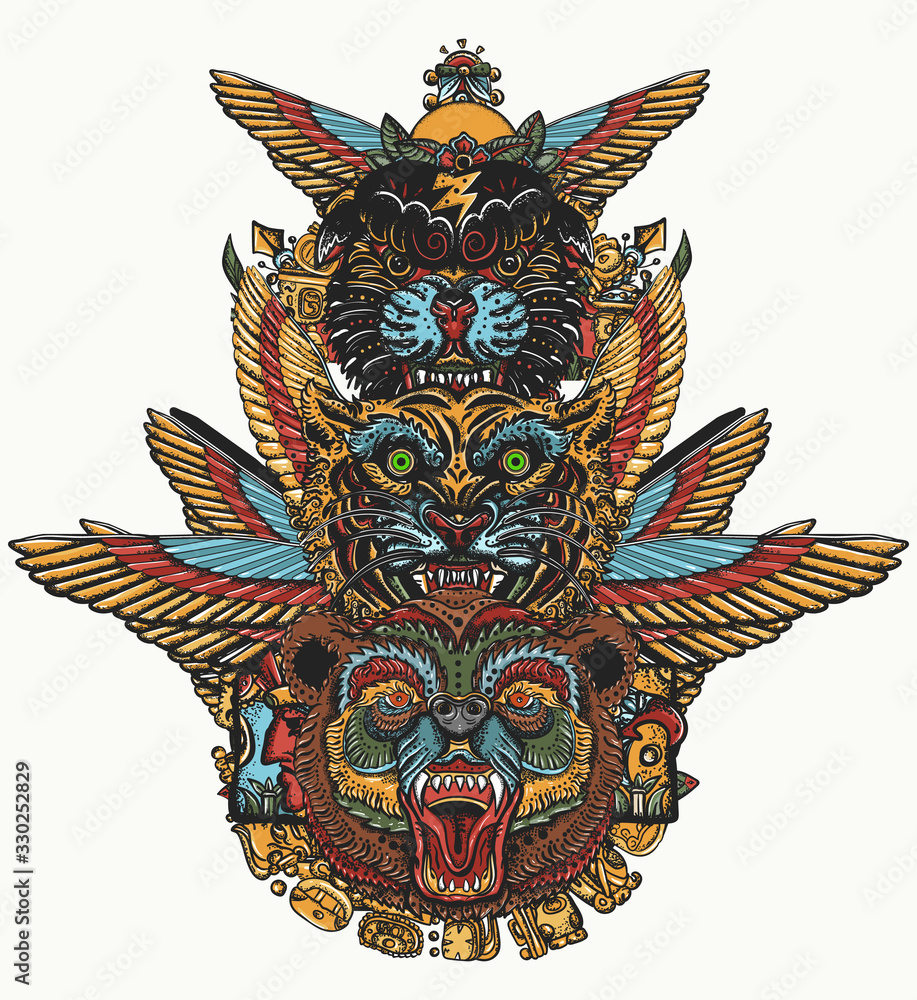 Fototapeta Ancient totem tattoo and t-shirt design. Golden wings, black panther, tiger and grizzly bear head. Mayan and Aztec style. Wild animals art. Mexican mesoamerican monolith
