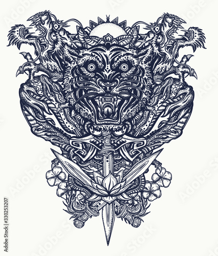 Dragons, tiger head, rising sun, sakura, lotus flowers and crossed swords. Oriental art. Ancient China and Japan style. Mythology and culture. Yakuza tattoo. Traditional asian concept