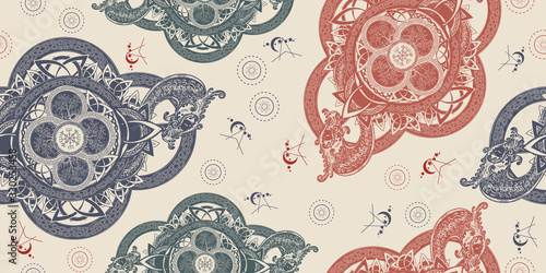 Dragons and celtic tree of life. Seamless pattern. Packing old paper, scrapbooking style. Vintage background. Medieval manuscript, engraving art. Mystic tribal symbol
