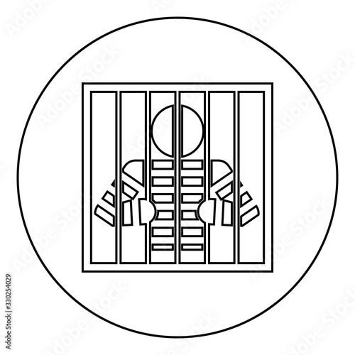 Prisoner behind bars holds rods with his hands Angry man watch through lattice in jail Incarceration concept icon in circle round outline black color vector illustration flat style image