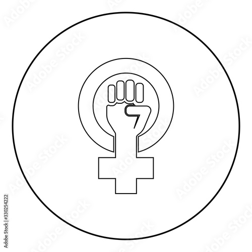 Symbol of feminism movement Gender women resist Fist hand in round and cross icon in circle round outline black color vector illustration flat style image