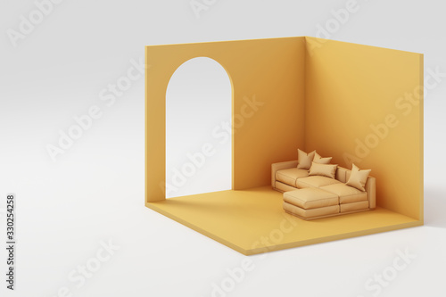 Set of  yellow furniture mock up and isometric wall 3d rendering