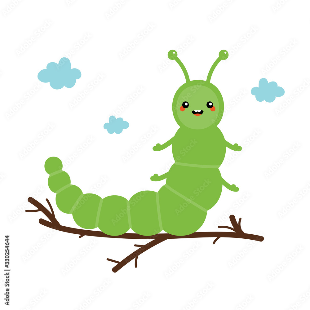 Cute cartoon green caterpillar character sitting on a branch. Vector illustration for kids ...