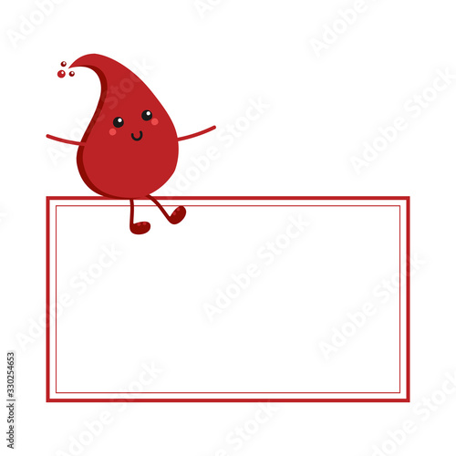 Vector cartoon blood drop character sitting on a blank board, piece of paper. Template for World Blood Donor Day.
