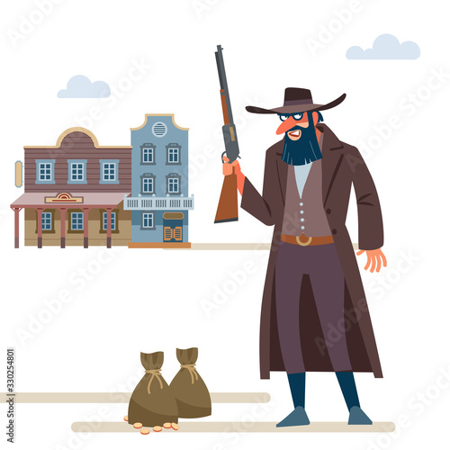 Cowboy robbed a Bank. The Old Wild West. Cartoon vector illustration. Flat style. Isolated on white background