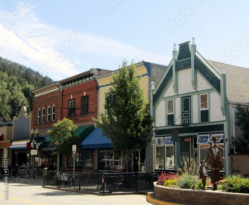 Historic Victorian, Queen Anne and Dutch Revival buildings in the downtown core of Revelstoke, Columbia River Valley, BC, Canada.