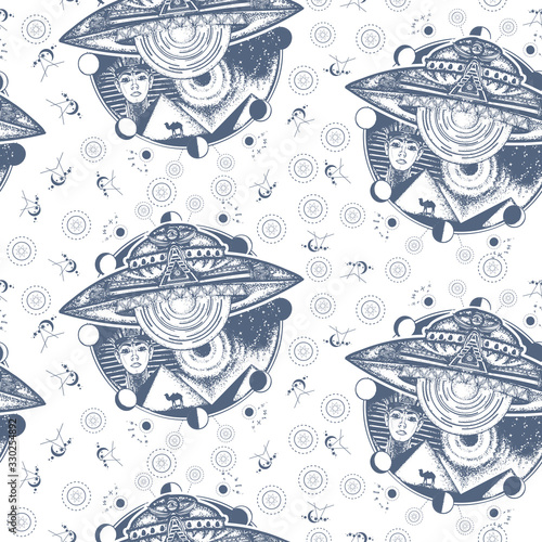 UFO and ancient Egypt. Seamless pattern. Packing old paper, scrapbooking style. Vintage background. Medieval manuscript, engraving art. Paleocontact concept. Aiens, ancient astronauts