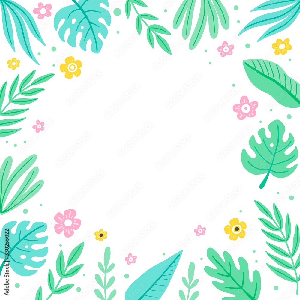 Tropical summer leaf frame for text border, greeting card, poster design. Exotic floral decoration of hawaii style. Vector illuatration of trendy style. Tropical summer leaf frame for text border, greeting card, poster design. Exotic floral decoration of hawaii style. Vector illuatration of trendy style.