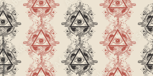 All seeing eye pyramid seamless pattern. Alchemy, occultism, spirituality and esoteric concept. Packing old paper, scrapbooking style. Vintage background