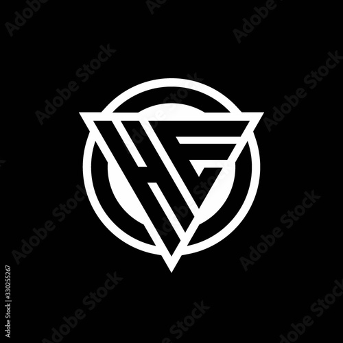 HE logo with negative space triangle shape and circle rounded
