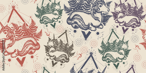Beautiful unicorn in triangle. Seamless pattern. Packing old paper, scrapbooking style. Vintage background. Medieval manuscript, engraving art. Symbol of fantasy, dreams, souls