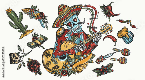 Mariachi skeleton wearing sombrero and playing guitar. Color tattoo elements. Day Of Dead style. National culture and tradition. Mexican art. Cactus, chilli pepper, gun, money, snake