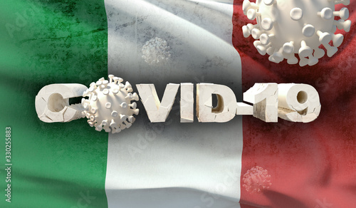 Chinese coronavirus COVID-19 concept, flag of Italy. Waved highly detailed close-up 3D render. photo