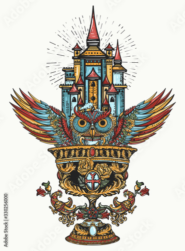 Holy grail, magic owl and ancient castle. Symbol of Dark Ages Europe, alchemy legends. Gothic fairy tale art. Tattoo and t-shirt design. Medieval history concept