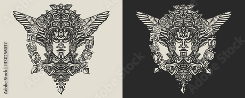 Ancient totem, wings and mayan sun. Template for clothes, covers, emblems, stickers, poster and t-shirt design. Typography art. Vector illustration. Mesoamerican mythology. Aztec art. Mexican god