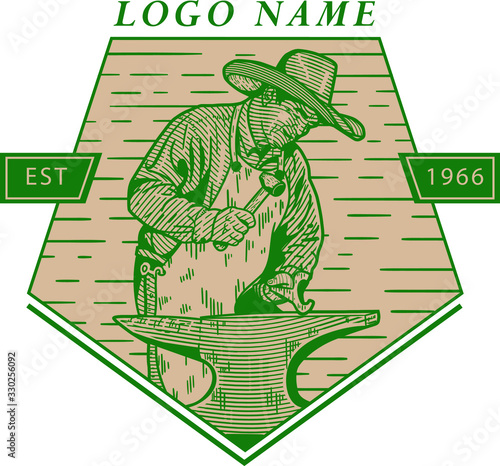 Vector Logo Blacksmith Retro Illustration Logo in Engraving Style