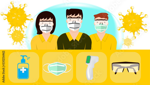 COVID-19 Promote health people with wearing a face mask, sanitizing with alcohol and temperature measuring gun, safety eye protector glasses concept