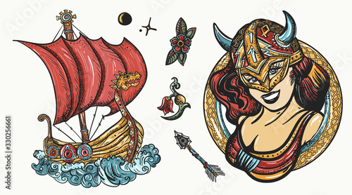 Vikings tattoo collection. Scandinavian culture. Valhalla art. Northern history. Medieval long boat, woman warrior