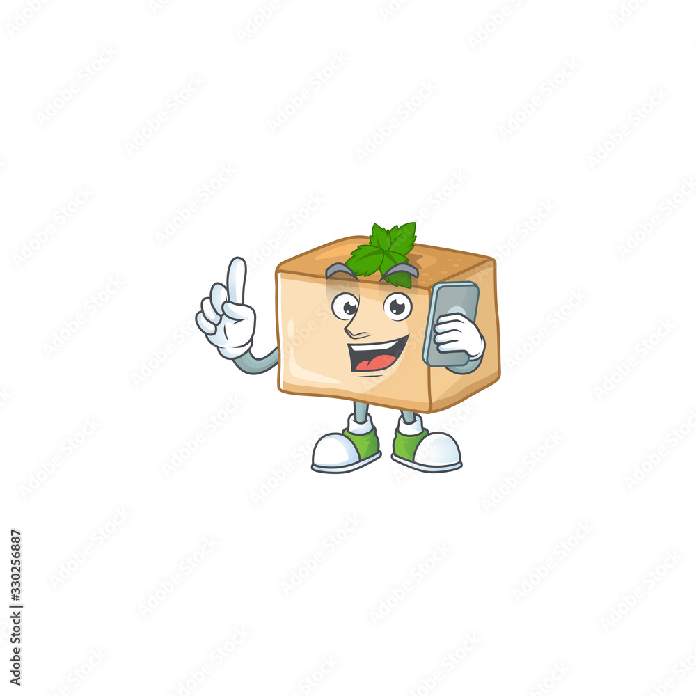 A sweet basbousa cartoon design style speaking on phone A sweet basbousa cartoon design style speaking on phone