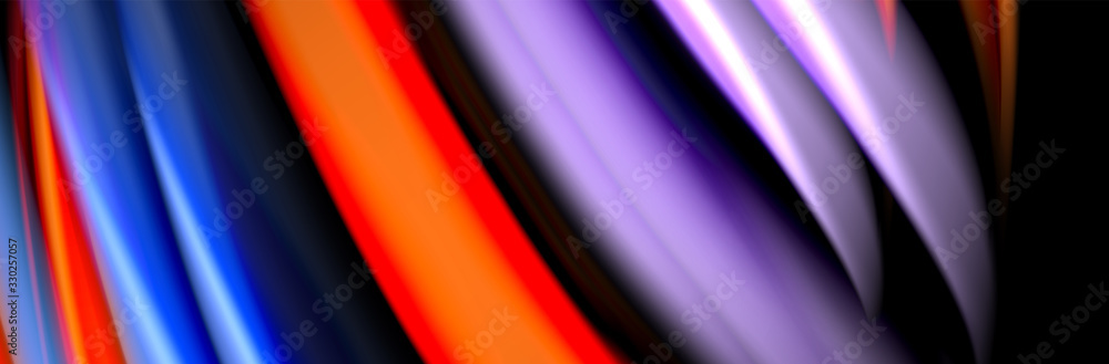 Silk and smooth flow wave poster design. Color waves, liquid style lines and shapes in black color background Silk and smooth flow wave poster design. Color waves, liquid style lines and shapes in black color background