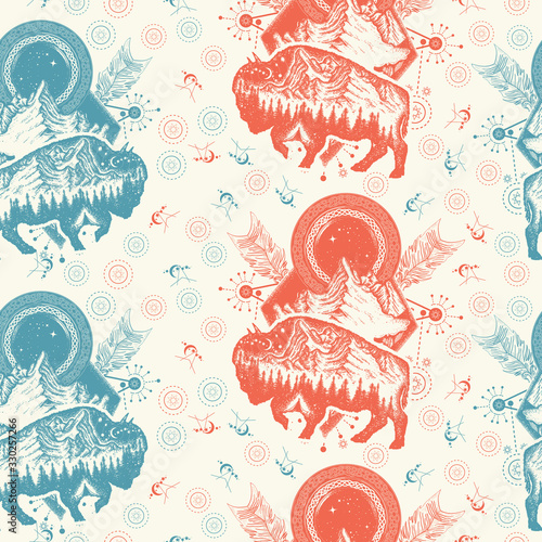 Magic tribal bison double exposure. Seamless pattern. Packing old paper, scrapbooking style. Vintage background. Medieval manuscript, engraving art. Buffalo bull travel symbol, adventure, tourism