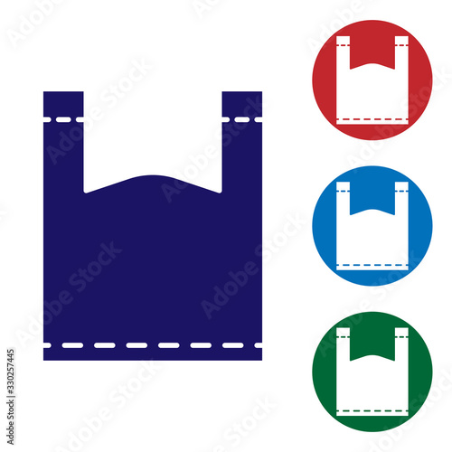 Blue Plastic bag icon isolated on white background. Disposable cellophane and polythene package prohibition sign. Set color icons in circle buttons. Vector Illustration
