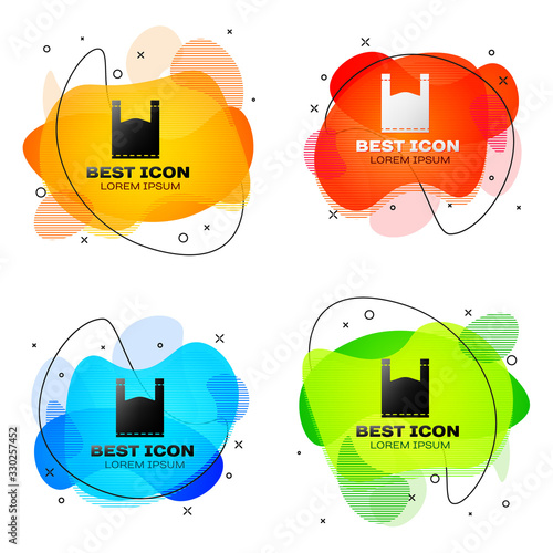 Black Plastic bag icon isolated on white background. Disposable cellophane and polythene package prohibition sign. Set abstract banner with liquid shapes. Vector Illustration