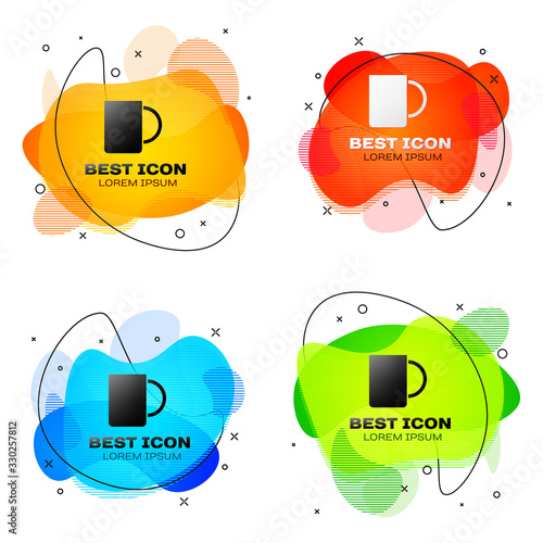 Black Coffee cup icon isolated on white background. Tea cup. Hot drink coffee. Set abstract banner with liquid shapes. Vector Illustration