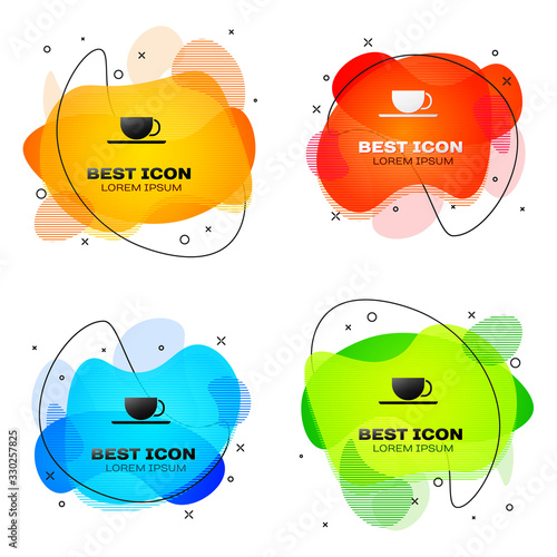 Black Coffee cup icon isolated on white background. Tea cup. Hot drink coffee. Set abstract banner with liquid shapes. Vector Illustration