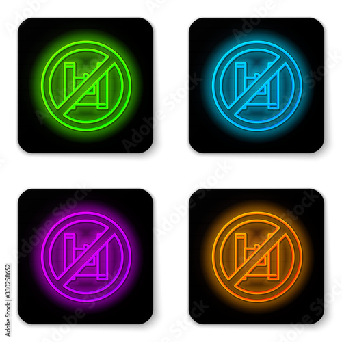 Glowing neon line Say no to plastic bags poster icon isolated on white background. Disposable cellophane and polythene package prohibition sign. Black square button. Vector Illustration