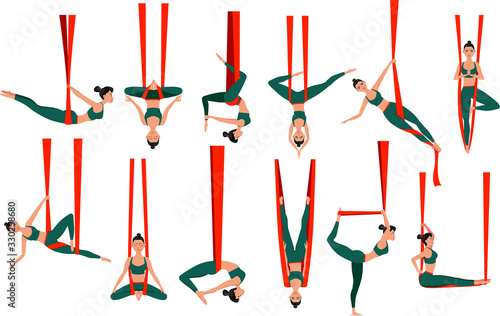 Beautiful girl wearing sportswear doing fly yoga stretching exercises. Anti-gravity relaxing and practicing aerial yoga. Sport healthy lifestyle and fitness training vector illustration.